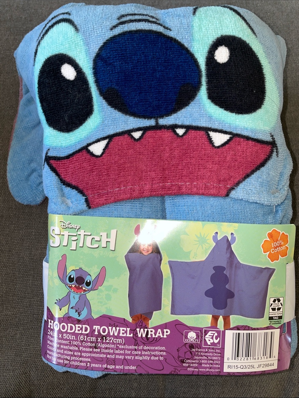 Disney Stitch Hooded Towel Wrap - Light Blue with Dark Blue and Pink Mouth